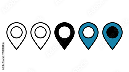 A row of five location pin icons is displayed showing variations in color and fill against a stark white background high quality professional detailed modern elegant