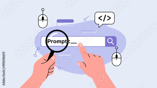 An illustration depicts a hand interacting with a mobile device showcasing a search bar and coding symbols high quality professional detailed modern elegant stylish clean crisp