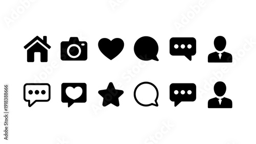 A collection of simple black vector icons representing common digital actions and concepts including home camera and people high quality professional detailed modern elegant stylish clean