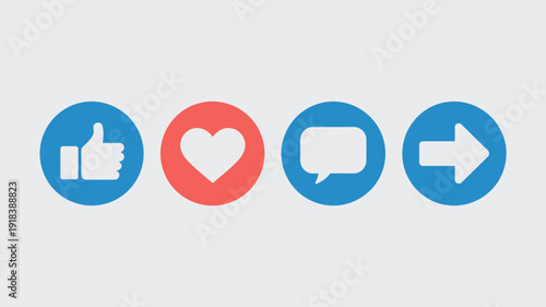 A row of social media reaction icons is displayed including a like heart comment and share set against a gray backdrop high quality professional detailed modern