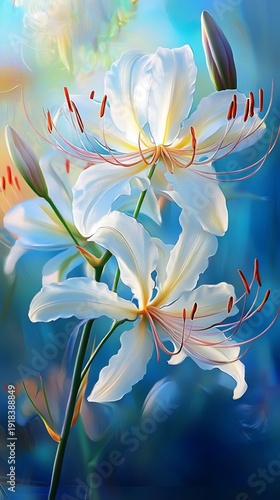 Elegant white lily flowers with delicate red stamens bloom gracefully against a soft blue backdrop