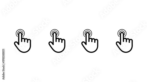 A series of four simple black and white line drawings depicting a human hand pressing down suggesting a click or selection action high quality professional detailed