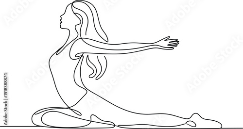 Line of a woman in a kneeling yoga pose with long hair and extended arm line woman