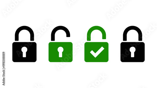 Four padlock icons are displayed alternating between black and green with one green padlock showing a checkmark high quality professional detailed modern elegant stylish clean crisp