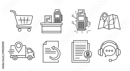 E-commerce logistics and customer service icons set in a digital illustration style