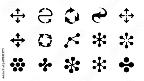 A collection of black circular arrow icons and geometric shapes arranged in a grid on a stark white background high quality professional detailed modern elegant stylish