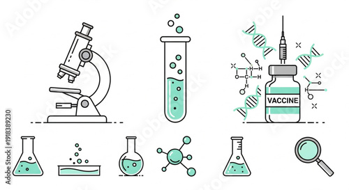 Scientific research and medical breakthrough concept with vaccine and laboratory equipment displayed