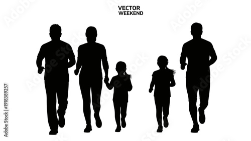 Family running together silhouette vector graphic, black family icons on white background.