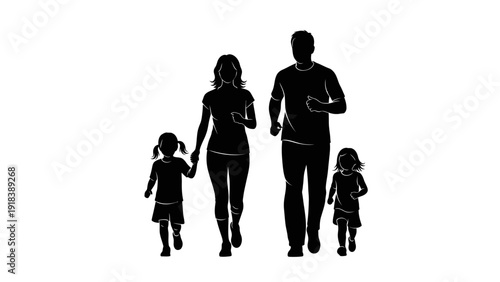 Black silhouette of a family with two children walking isolated on white background