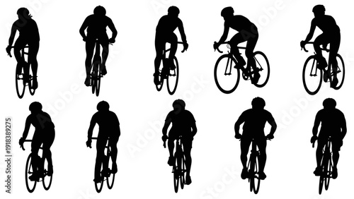 Cycling silhouettes vector set. Includes nine different bicycle rider poses. Created in solid black style on white background