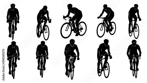 Eight cyclist silhouettes icon set. Includes various cycling poses and movements. Created in solid black style with white background.