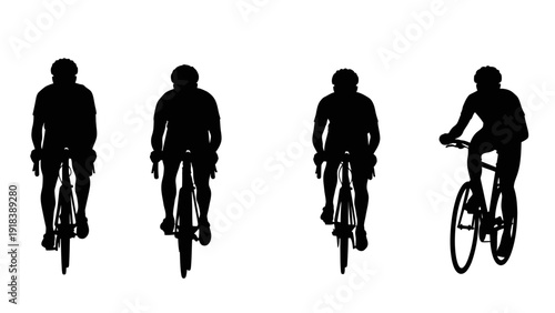 Four cyclists riding bicycles in silhouette on white background, isolated vector graphics.