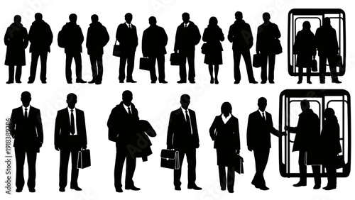 Business people icon set. Includes 18 office worker silhouettes. Created in solid black style with white background.
