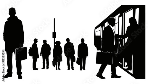 Commuters boarding bus silhouettes, people walking with luggage, isolated on white background.