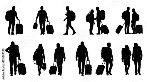 Travelers with luggage silhouette icon set. Includes people walking, standing, and carrying bags. Created in black silhouette style with white background.