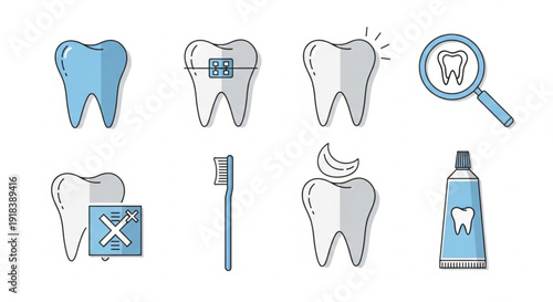 Dental care icons set featuring tooth illustrations with various dental tools and hygiene products displayed in a clean and simple visual arrangement