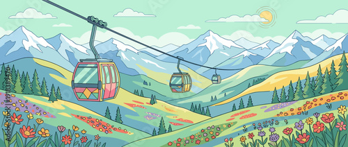 Flat Vector Illustration of a Scenic Cable Car Ride Over a Lush Mountain Valley with Vibrant Spring Wildflowers, Snow-Capped Peaks, Pine Trees, and a Sunny Blue Sky for Travel and Tourism Concepts