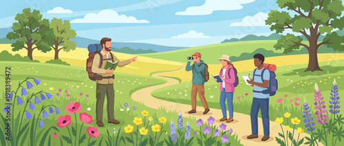 Naturalist guide leading a group of hikers on a wildflower identification walk through a vibrant spring meadow with blooming flowers, binoculars, and notebooks for nature study and education.
