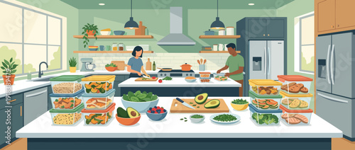 Flat vector illustration of a modern kitchen with a couple preparing healthy meals, featuring organized glass containers, fresh vegetables, avocados, and berries for weekly meal planning and diet.