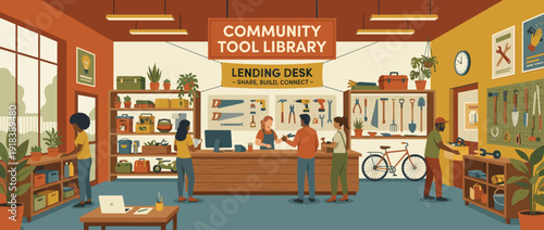 Modern Community Tool Library Flat Vector Illustration Featuring Diverse People Sharing Equipment at a Lending Desk with Hand Tools, Power Tools, Gardening Gear, Bicycle, and Workshop Shelves.