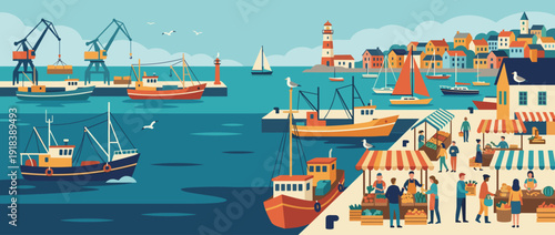 Flat vector illustration of a busy harbor with fishing boats, a vibrant waterfront market with people shopping, a lighthouse, industrial cranes, and a coastal town with colorful houses and seagulls.