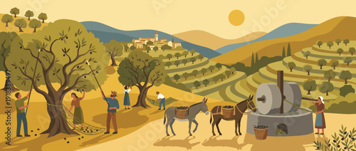 Flat Vector Illustration of a Traditional Olive Harvest and Oil Press in a Mediterranean Landscape with People Picking Olives, Donkeys Carrying Baskets, and a Stone Mill in a Sunny Village Scene