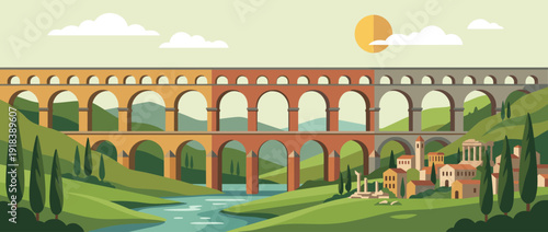 Flat vector illustration of a scenic ancient Roman aqueduct spanning a lush green valley with a flowing river, cypress trees, and a small historical village under a bright sun and white clouds.