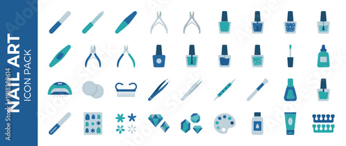Nail Art and Manicure Icon Pack: 36 Flat Design Vector Icons for Beauty Salons, Pedicure Supplies, and Cosmetic Tools in Professional Blue and Teal Corporate Colors for Web and Graphic Design