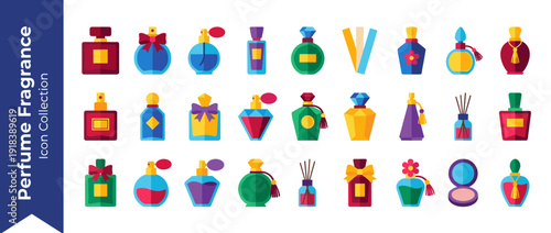 Vector Icon Set of 24 Perfume Bottles and Fragrance Items in Flat Design Style with Bold Colors and High Contrast. Includes Scent Bottles, Reed Diffusers, Sprays, and Beauty Accessories for Web.