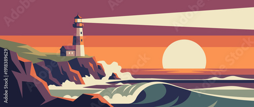 Flat vector illustration of a scenic lighthouse on rocky cliffs at sunset with crashing ocean waves, a bright beam of light, and a large sun over the horizon in a minimalist graphic art style.