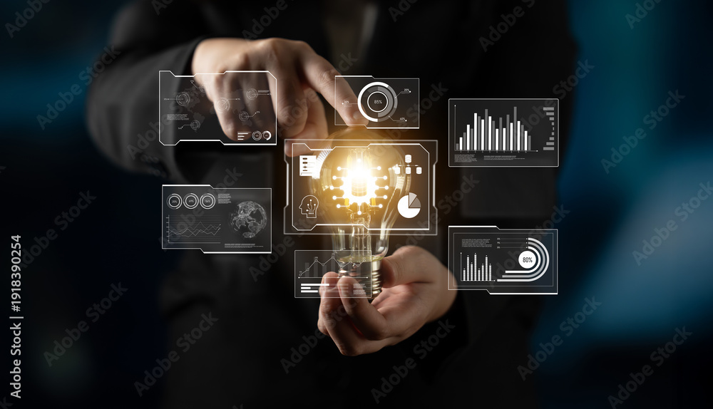 Fototapeta premium Big data visualization dashboard showing analytics, insights, and performance. Data supports decisions, data reveals trends, data powers analytics, and transforms strategy. Latch