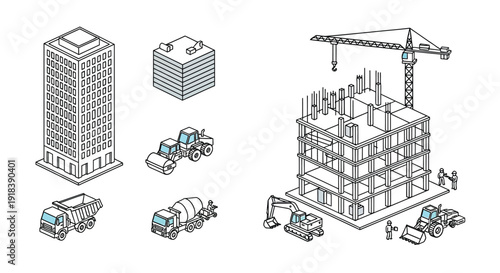 Architectural construction site illustration featuring buildings and heavy machinery