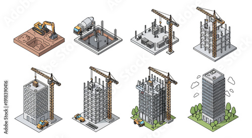 Isometric illustration depicting various stages of building construction progress