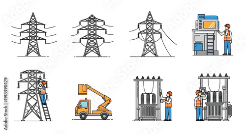Electrical power infrastructure and maintenance icons in a linear style