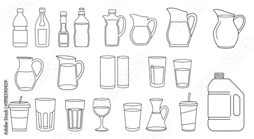 Collection of various outlined kitchen and beverage containers