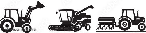 Agricultural Tractor Silhouettes: Farm Machinery and Plowing Equipment Vector Set