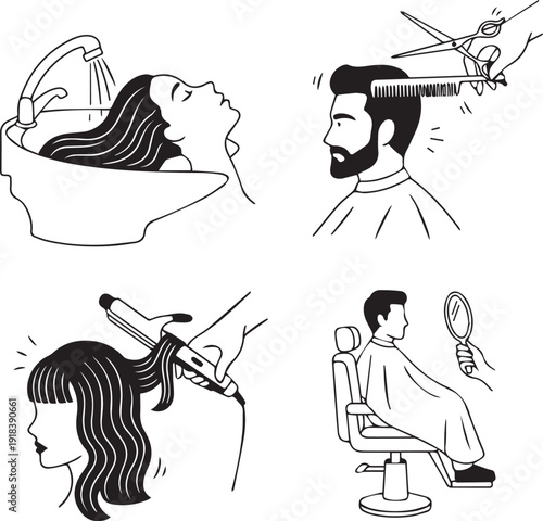 Hair Salon and Professional Stylist Icon Set: Coloring, Braiding, and Barbershop Services