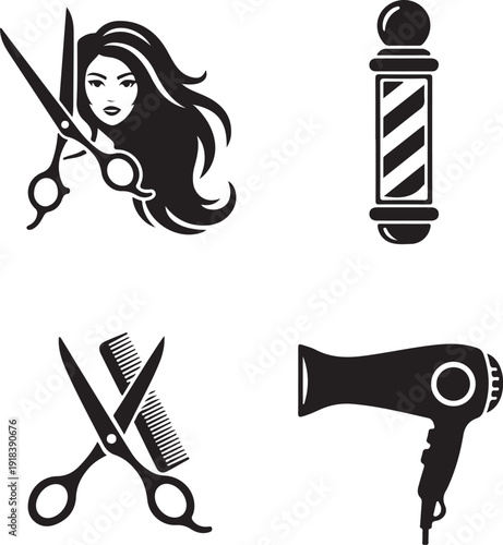 Hair Salon and Professional Stylist Icon Set: Coloring, Braiding, and Barbershop Services