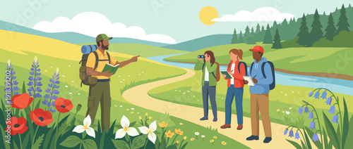 Flat vector illustration of a group of hikers on a spring wildflower identification walk with a naturalist guide in a scenic landscape with a river, rolling hills, and blooming meadow flowers.
