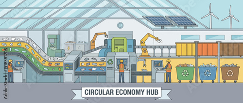 Flat vector illustration of a circular economy hub recycling facility with automated waste sorting conveyor belts, robotic arms, solar panels, wind turbines, and workers in industrial plants
