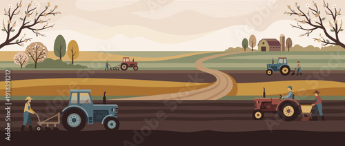 Flat vector illustration of spring farming activities with farmers plowing and seeding fields using tractors in a rural landscape with a barn, blossoming trees, and rolling hills in the country.