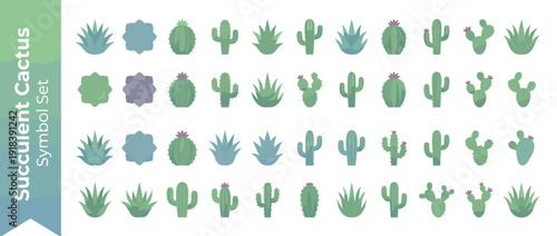Comprehensive Vector Icon Set of 40 Succulent and Cactus Varieties in Flat Design with Smooth Gradients. Minimalist Botanical Symbols for Nature, Desert, and Garden Projects. Green Plant Graphics.