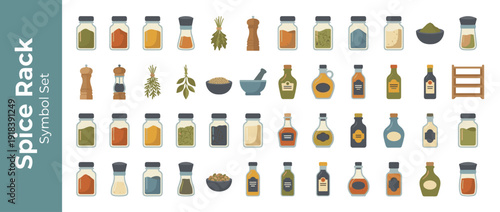 Comprehensive vector icon set of 40 spice rack and seasoning elements in a flat design style. Features spice jars, herb bundles, oil bottles, mortar and pestle, pepper mills, and kitchen tools.