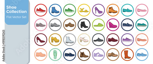 Comprehensive Flat Vector Icon Set of 30 Footwear Types and Shoe Collection Featuring Sneakers, Boots, High Heels, Sandals, Loafers, Oxfords, and Slippers for Graphic Design and Infographics.