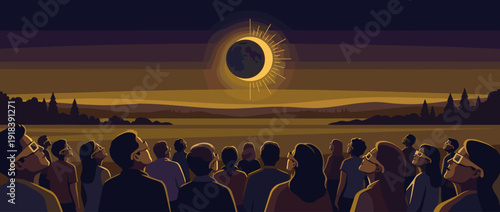 Flat vector illustration of a diverse crowd of people wearing protective solar eclipse glasses to safely watch a total solar eclipse in a dark sky over a scenic landscape and horizon.