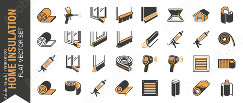 30 Home Insulation and Weatherproofing Flat Vector Icons for Energy Efficiency, Thermal Sealing, Window Insulation, Door Sweeps, Caulking Guns, Attic Hatches, Pipe Wrap, and Thermal Imaging Tools.
