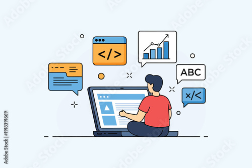 A person coding on a laptop surrounded by digital technology icons