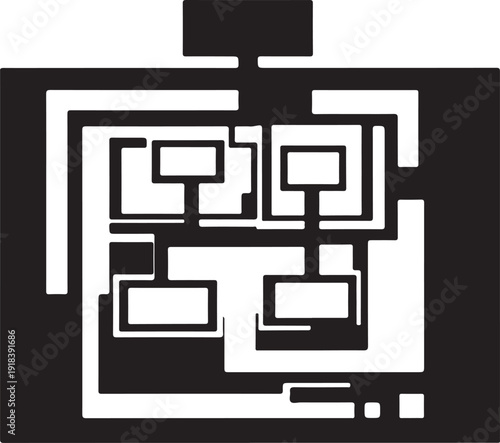 Black and white abstract geometric diagram with interconnected boxes flowchart organization d