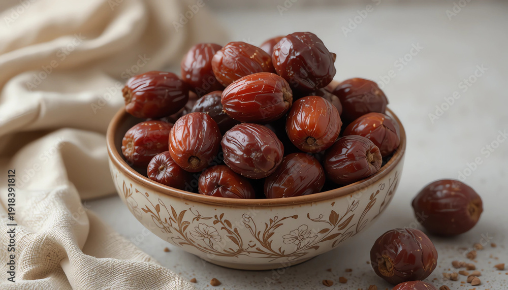 Obraz premium Dates in ceramic bowl with neutral aesthetic background