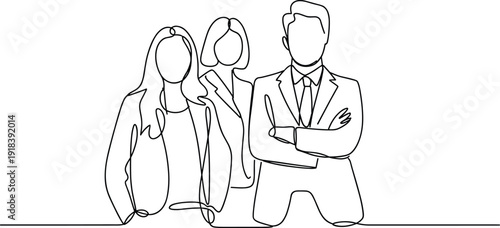 Three people standing in business attire with arms crossed and one person gesturing